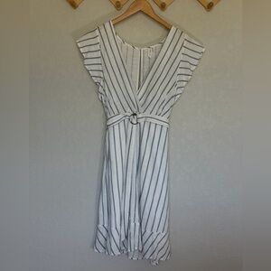Blue & White Striped Midi Dress with Flutter/Butterfly sleeves. Size L